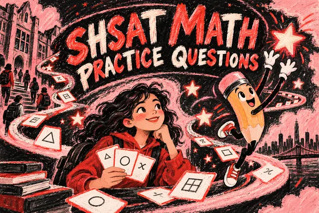 SHSAT MATH PRACTICE QUESTIONS — original handwritten comic illustration.