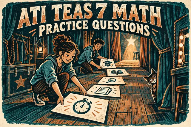 ATI TEAS 7 MATH PRACTICE QUESTIONS — original handwritten comic illustration.