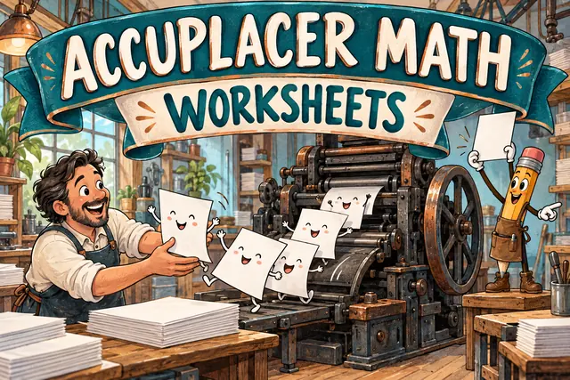 ACCUPLACER MATH WORKSHEETS — original handwritten comic illustration.