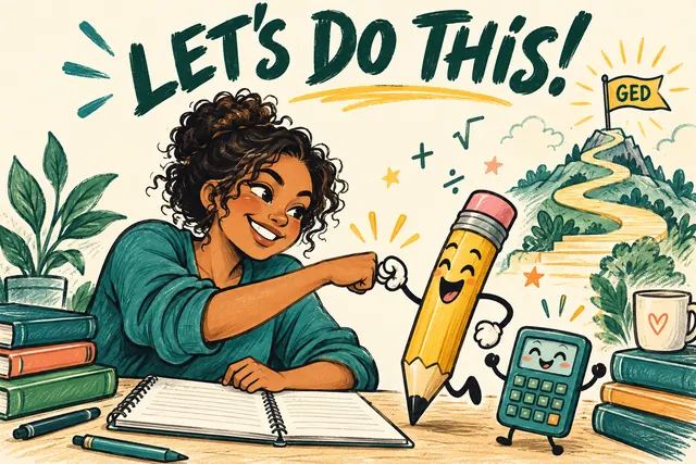 Let’s do this! An adult GED learner fist-bumps a cheerful pencil beside a smiling calculator and a path to a GED flag.