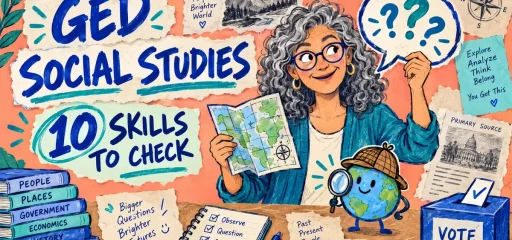 Handwritten collage comic with a GED Social Studies teacher, map, globe, and ten skills to check.