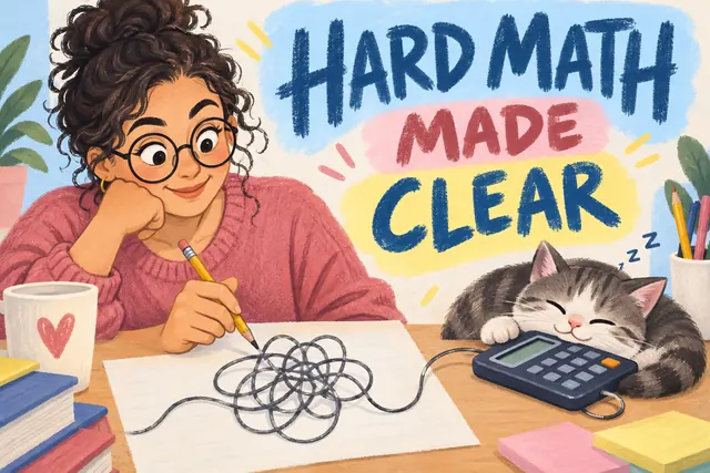 HARD MATH MADE CLEAR — soft pastel absurdist cartoon with original handwritten lettering.