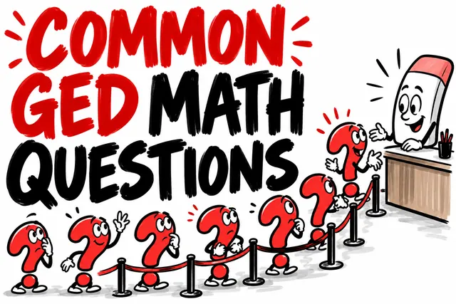 COMMON GED MATH QUESTIONS — brush-pen crowd cartoon with original handwritten lettering.