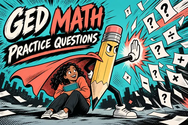 GED MATH PRACTICE QUESTIONS — comic superhero poster with original handwritten lettering.