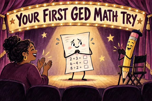 YOUR FIRST GED MATH TRY — rehearsal theater cartoon with original handwritten lettering.