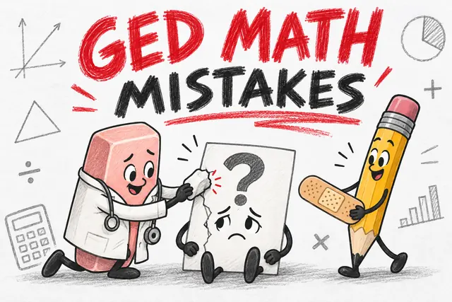 GED MATH MISTAKES — red-pencil correction comic with original handwritten lettering.