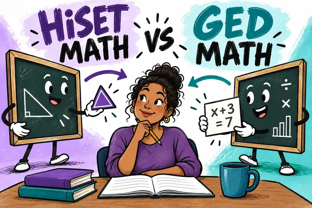 HiSET MATH vs GED MATH — split-screen ink cartoon with original handwritten lettering.