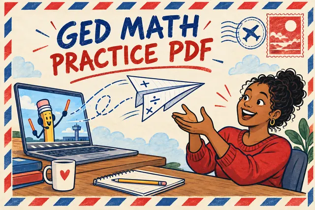 GED MATH PRACTICE PDF — airmail cartoon with original handwritten lettering.