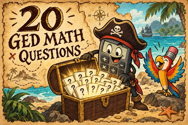 20 GED MATH QUESTIONS — treasure-map ink wash with original handwritten lettering.