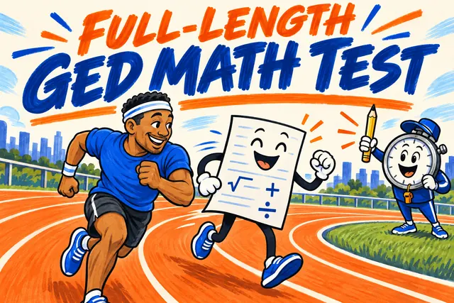 FULL-LENGTH GED MATH TEST — sports editorial marker with original handwritten lettering.