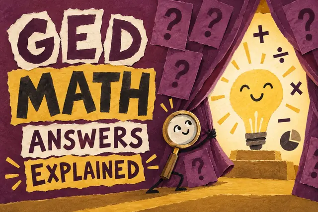 GED MATH ANSWERS EXPLAINED — cut-paper comic illusion with original handwritten lettering.
