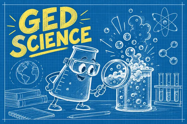 GED SCIENCE — blueprint cartoon with original handwritten lettering.