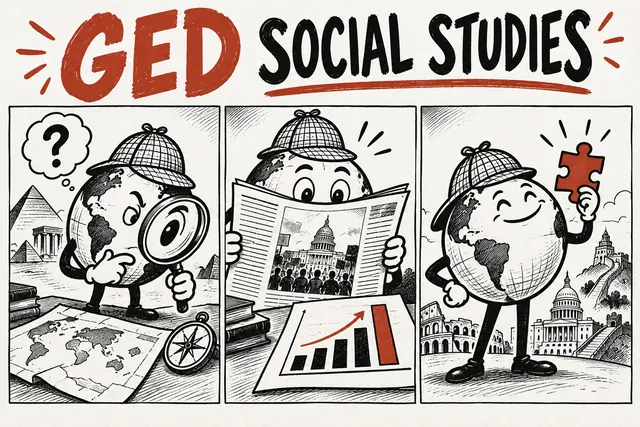 GED SOCIAL STUDIES — sunday newspaper strip with original handwritten lettering.