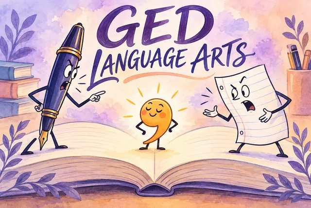 GED LANGUAGE ARTS — watercolor manuscript with original handwritten lettering.