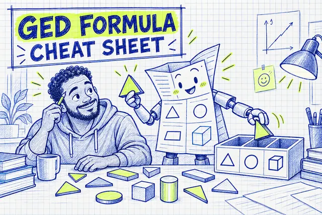 GED FORMULA CHEAT SHEET — ballpoint engineering cartoon with original handwritten lettering.