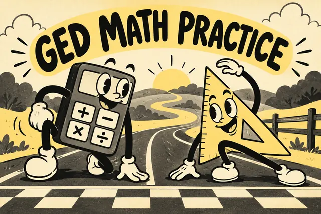 GED MATH PRACTICE — rubber-hose animation with original handwritten lettering.
