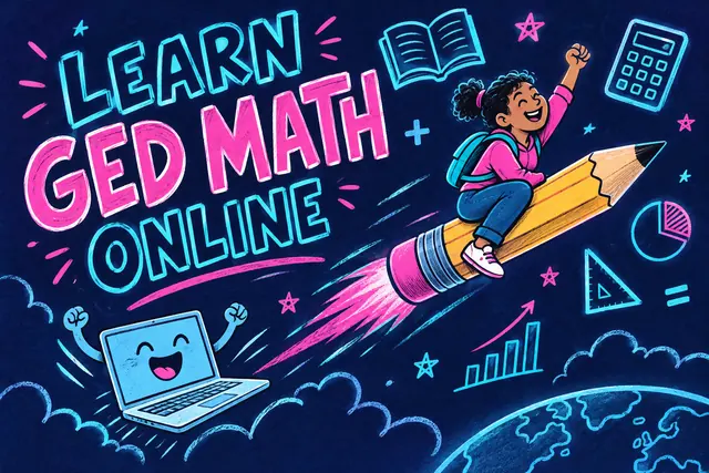 LEARN GED MATH ONLINE — neon marker comic with original handwritten lettering.