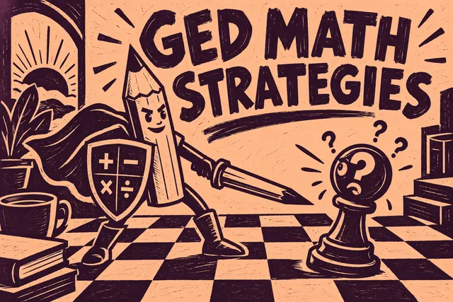 GED MATH STRATEGIES — lino-cut comic with original handwritten lettering.