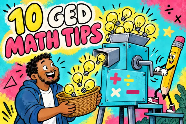 10 GED MATH TIPS — sponge-paint cartoon with original handwritten lettering.