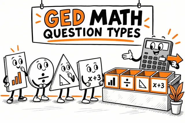 GED MATH QUESTION TYPES — technical instruction comic with original handwritten lettering.