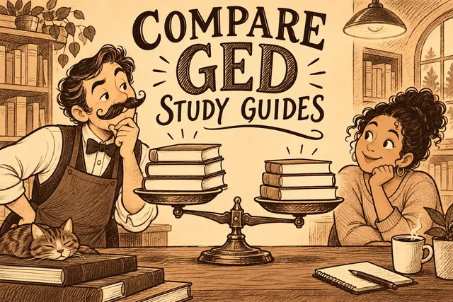 COMPARE GED STUDY GUIDES — bookshop ink vignette with original handwritten lettering.