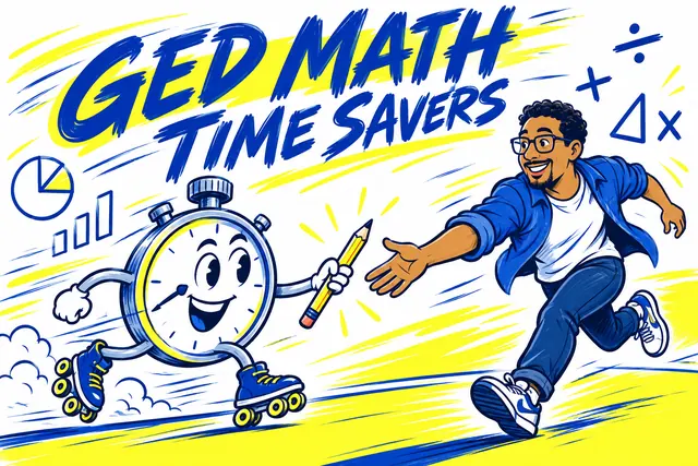 GED MATH TIME SAVERS — kinetic speed-line cartoon with original handwritten lettering.