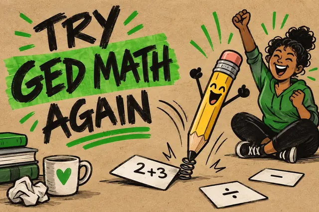 TRY GED MATH AGAIN — recycled-paper punk cartoon with original handwritten lettering.
