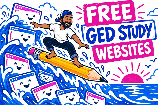 FREE GED STUDY WEBSITES — felt-tip browser doodle with original handwritten lettering.