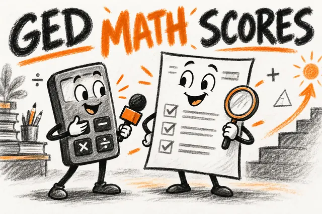 GED MATH SCORES — charcoal newsroom cartoon with original handwritten lettering.