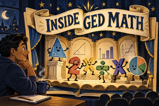 INSIDE GED MATH — paper-theater story cartoon with original handwritten lettering.
