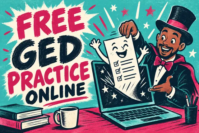 FREE GED PRACTICE ONLINE — comic screenprint with original handwritten lettering.