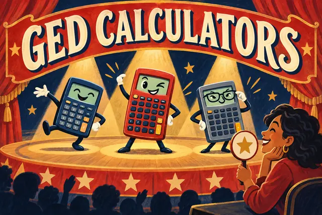 GED CALCULATORS — circus poster cartoon with original handwritten lettering.