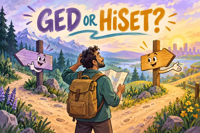 GED OR HiSET? — travel-poster cartoon with original handwritten lettering.