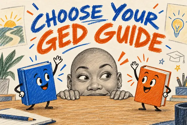 CHOOSE YOUR GED GUIDE — loose oil-pastel vignette with original handwritten lettering.