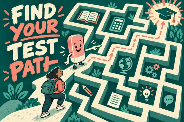 FIND YOUR TEST PATH — hand-painted wayfinding comic with original handwritten lettering.