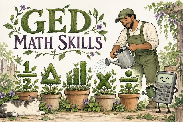 GED MATH SKILLS — botanical dip-pen cartoon with original handwritten lettering.
