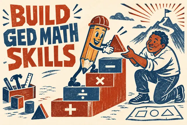 BUILD GED MATH SKILLS — woodblock workshop cartoon with original handwritten lettering.