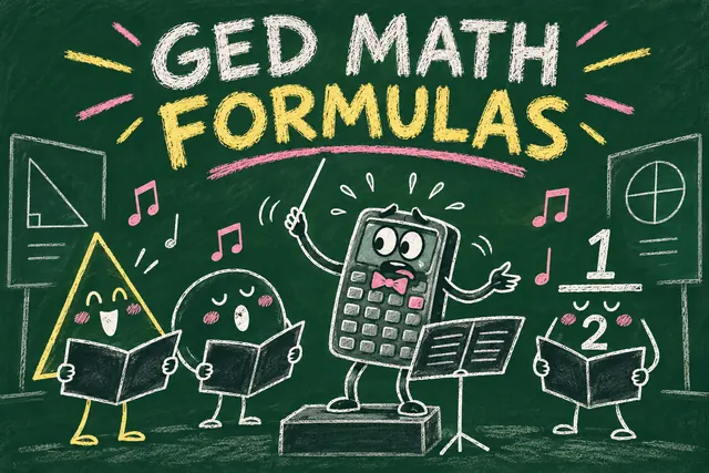 GED MATH FORMULAS — chalkboard doodle with original handwritten lettering.