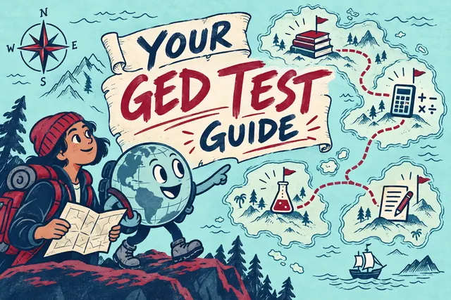 YOUR GED TEST GUIDE — mapmaker colored-ink comic with original handwritten lettering.