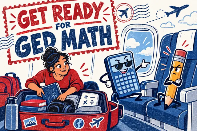 GET READY FOR GED MATH — adventure stamp comic with original handwritten lettering.
