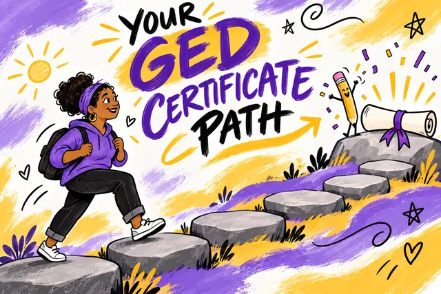 YOUR GED CERTIFICATE PATH — celebration brush cartoon with original handwritten lettering.