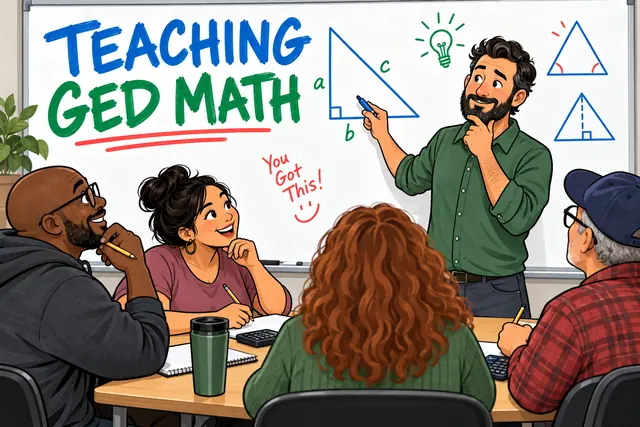 TEACHING GED MATH — classroom whiteboard comic with original handwritten lettering.
