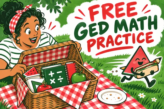 FREE GED MATH PRACTICE — picnic ink cartoon with original handwritten lettering.