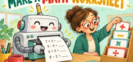Friendly robot creating a math worksheet