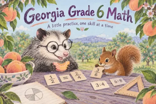 Gouache comic of a possum and squirrel sharing a peach while comparing equivalent fractions