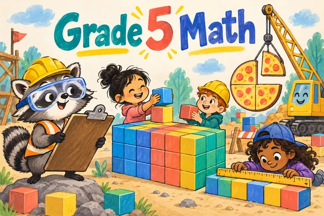 Grade 5 math construction comic with unit cubes, a fraction pizza crane and a raccoon foreman.