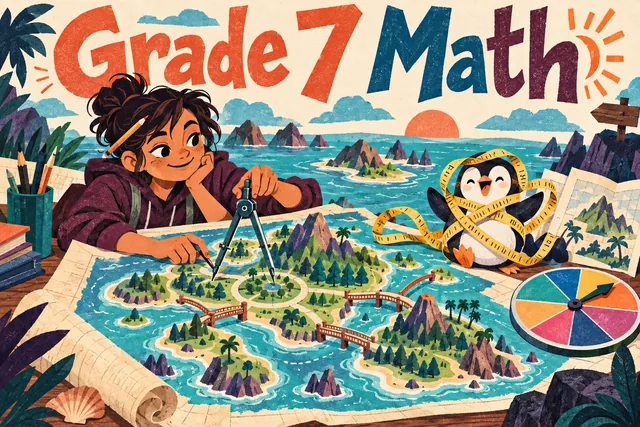 Grade 7 Math comic with a student mapmaker and penguin using a compass, scale bridges and a probability spinner.