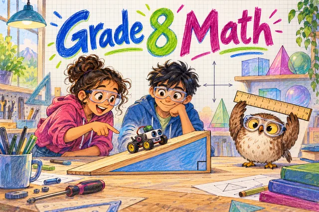 Grade 8 Math comic with two students testing a robot on a triangular ramp and an owl holding a ruler.