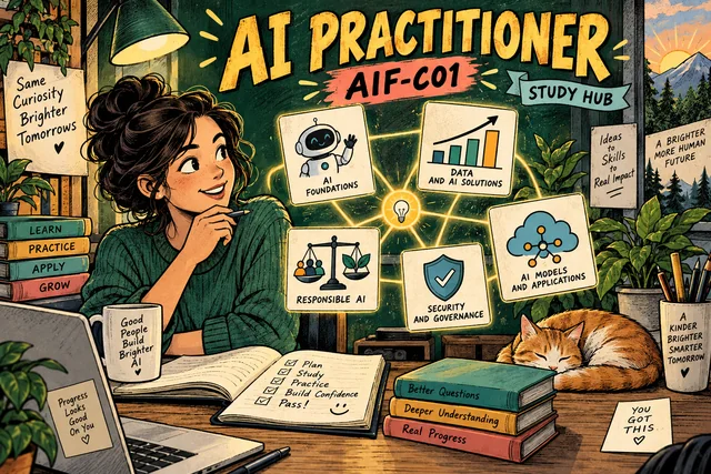 Illustrated AWS AIF-C01 study cover with an AI assistant, neural network motif, and study materials.