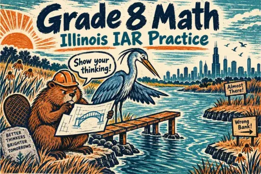 Linocut comic of a beaver engineer and a heron checking a bridge plan beside an Illinois river